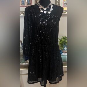 ZEXXXY BLACK SEQUIN ONE SHOULDER HOLIDAY PARTY ROMPER JUMPSUIT SIZE LARGE